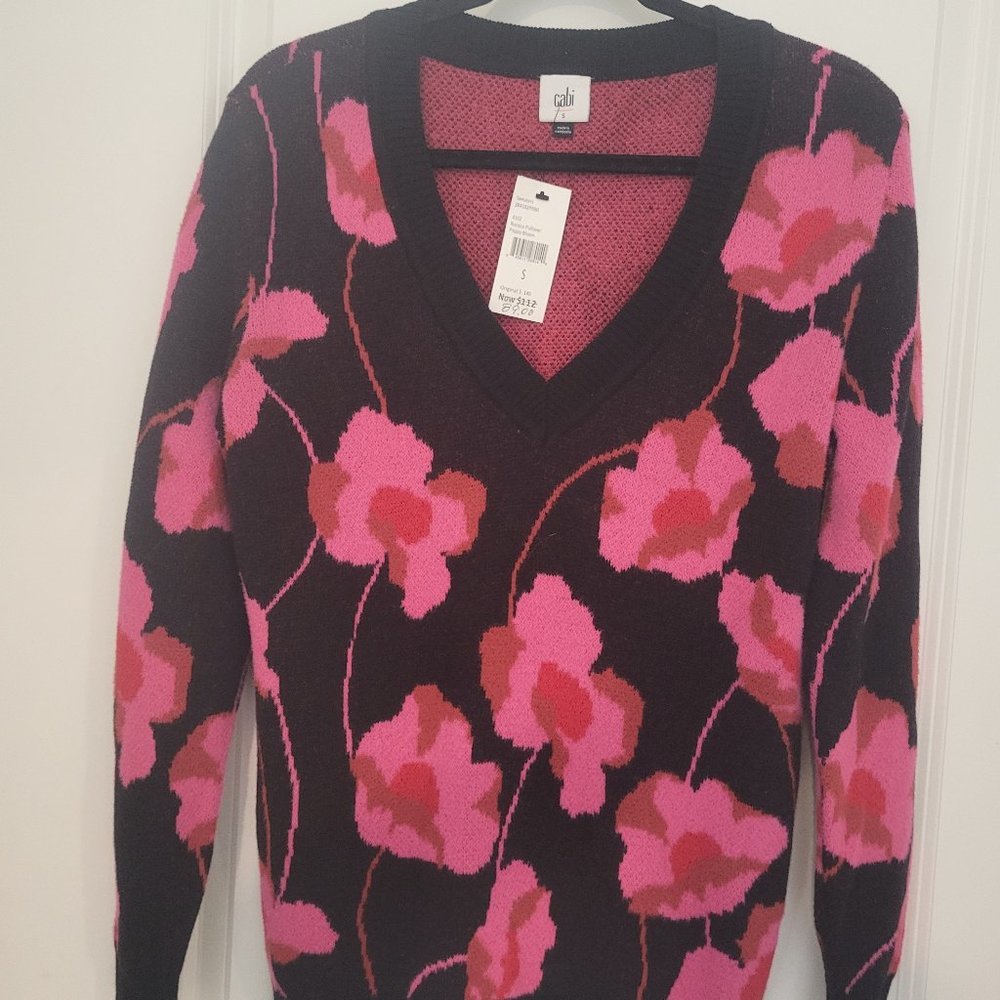 Cabi  Floral Print Sweater Black Pink Peony